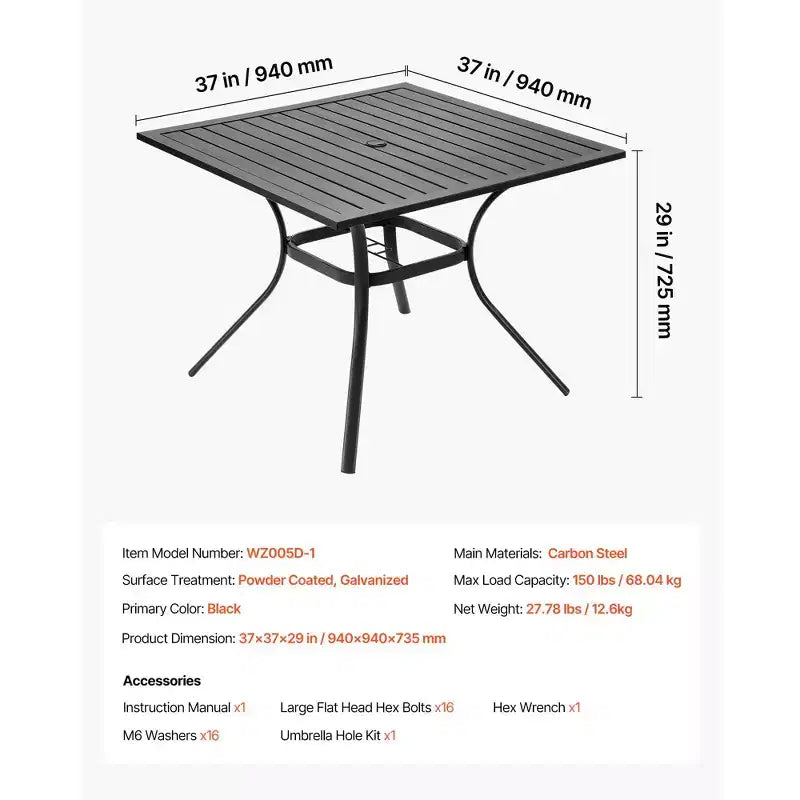 Table de salle à manger d'extérieur VEVOR, table de bistrot carrée de 37 pouces en métal et acier à lattes pour jardin, avec trou pour parasol de 1,5 pouce, noir
