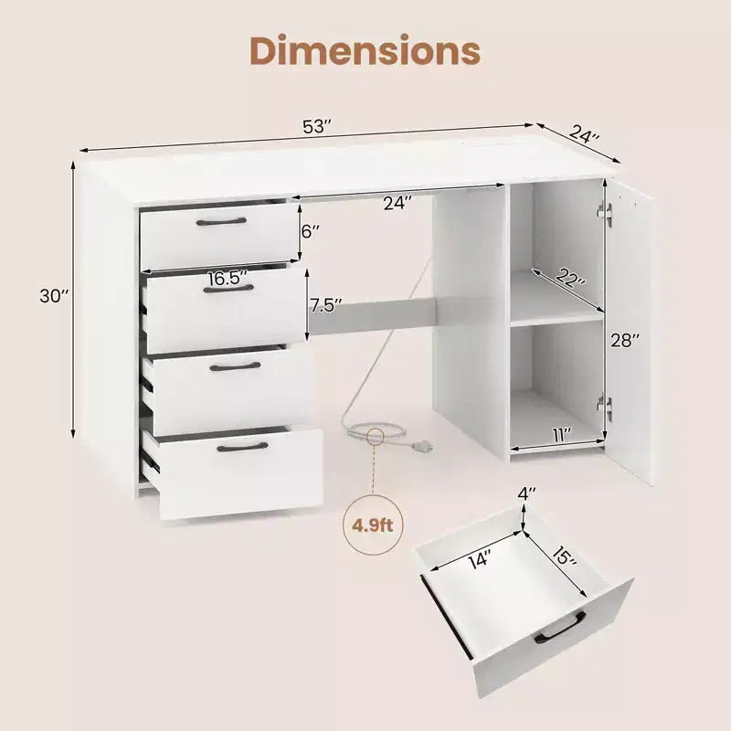 53" Computer Desk with Power Outlets and 4 Storage Drawers - Large Executive Desk, Gray/White