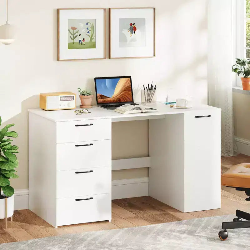 53" Computer Desk with Power Outlets and 4 Storage Drawers - Large Executive Desk, Gray/White