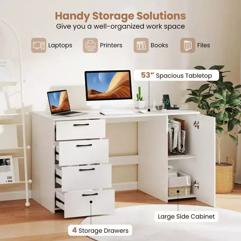 53" Computer Desk with Power Outlets and 4 Storage Drawers - Large Executive Desk, Gray/White
