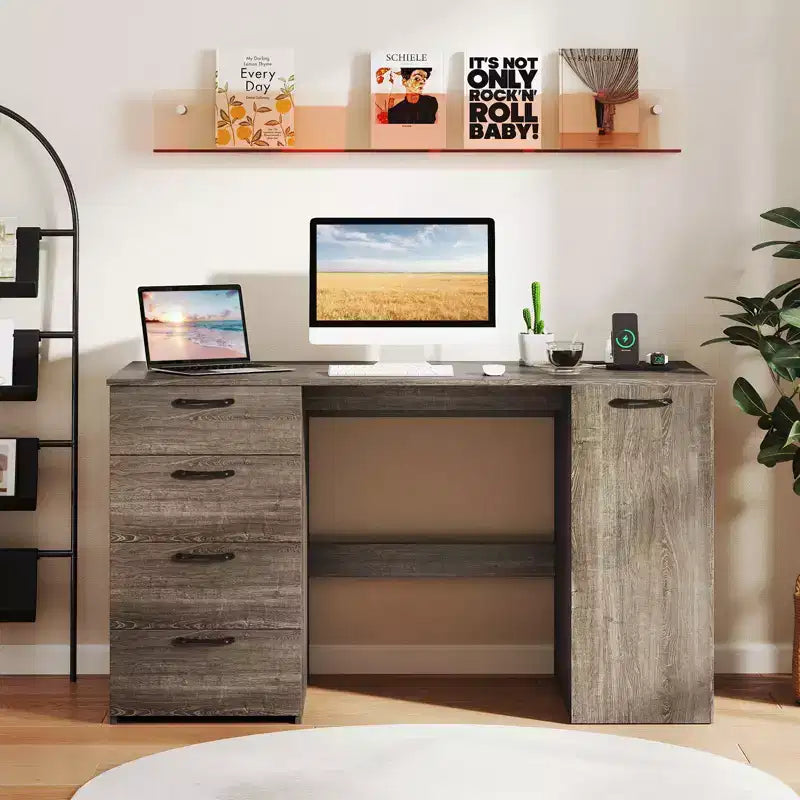 53" Computer Desk with Power Outlets and 4 Storage Drawers - Large Executive Desk, Gray/White