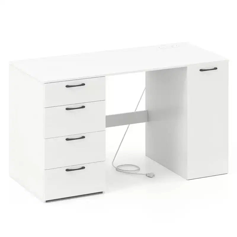 53" Computer Desk with Power Outlets and 4 Storage Drawers - Large Executive Desk, Gray/White