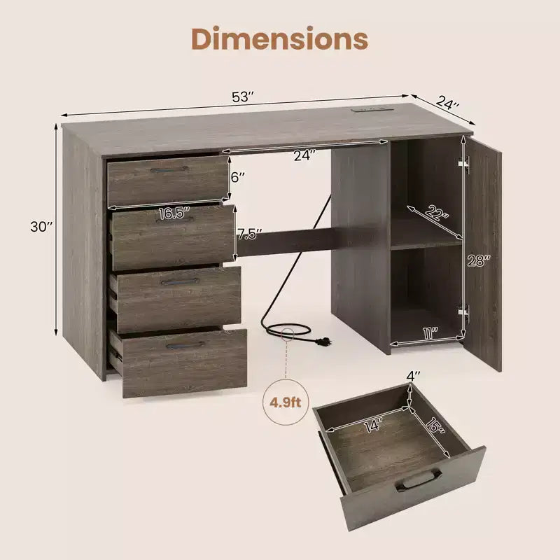 53" Computer Desk with Power Outlets and 4 Storage Drawers - Large Executive Desk, Gray/White