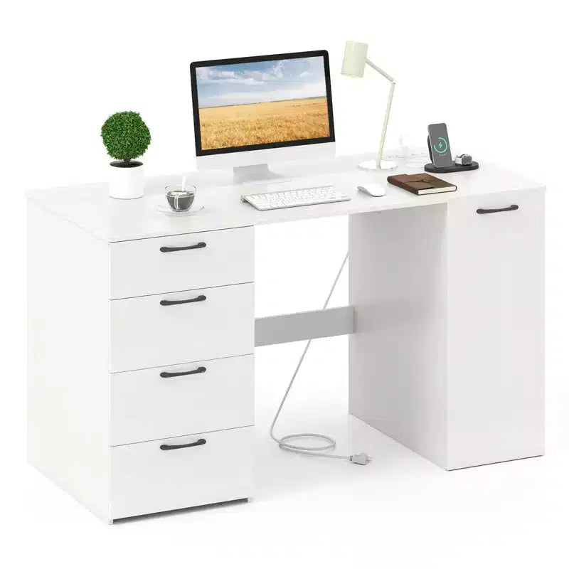 53" Computer Desk with Power Outlets and 4 Storage Drawers - Large Executive Desk, Gray/White