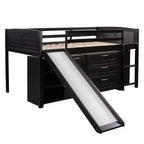 Twin Loft Bed with Slide, Wood Loft Bed Twin Size, Low Twin Size Loft Bed Frame with Cabinets and Shelves