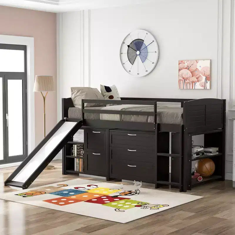 Twin Loft Bed with Slide, Wood Loft Bed Twin Size, Low Twin Size Loft Bed Frame with Cabinets and Shelves