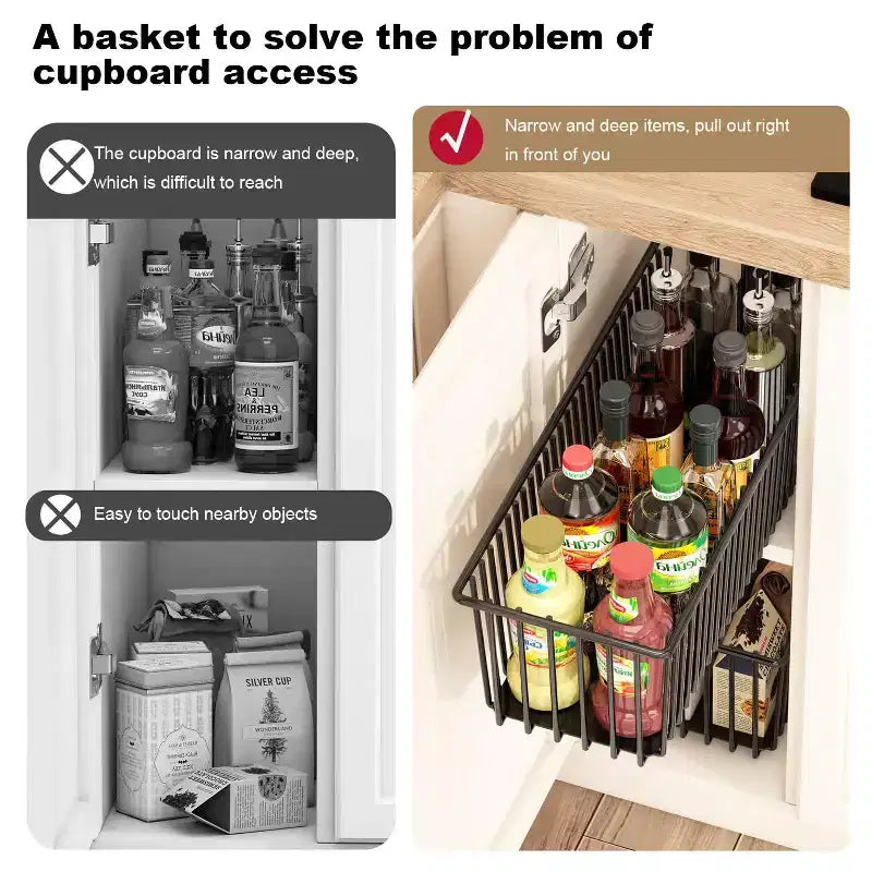 Pull Out Cabinet Organizers, 2 Pack Slide Out Basket Drawers - Heavy Duty Carbon Steel for Kitchen Bathroom Under Sink