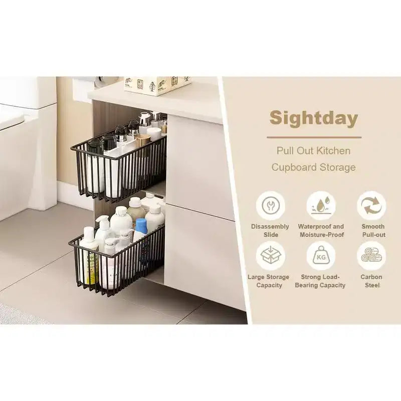 Pull Out Cabinet Organizers, 2 Pack Slide Out Basket Drawers - Heavy Duty Carbon Steel for Kitchen Bathroom Under Sink
