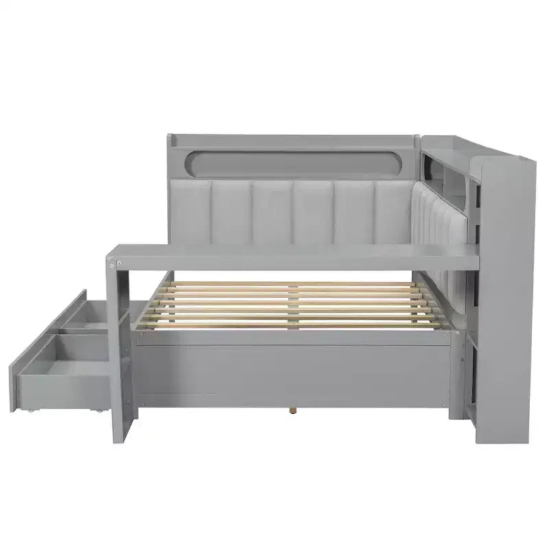 Full Size Daybed with Storage Shelves, Drawers, Charging Station, LED Light, Desk and Upholstered Headboard