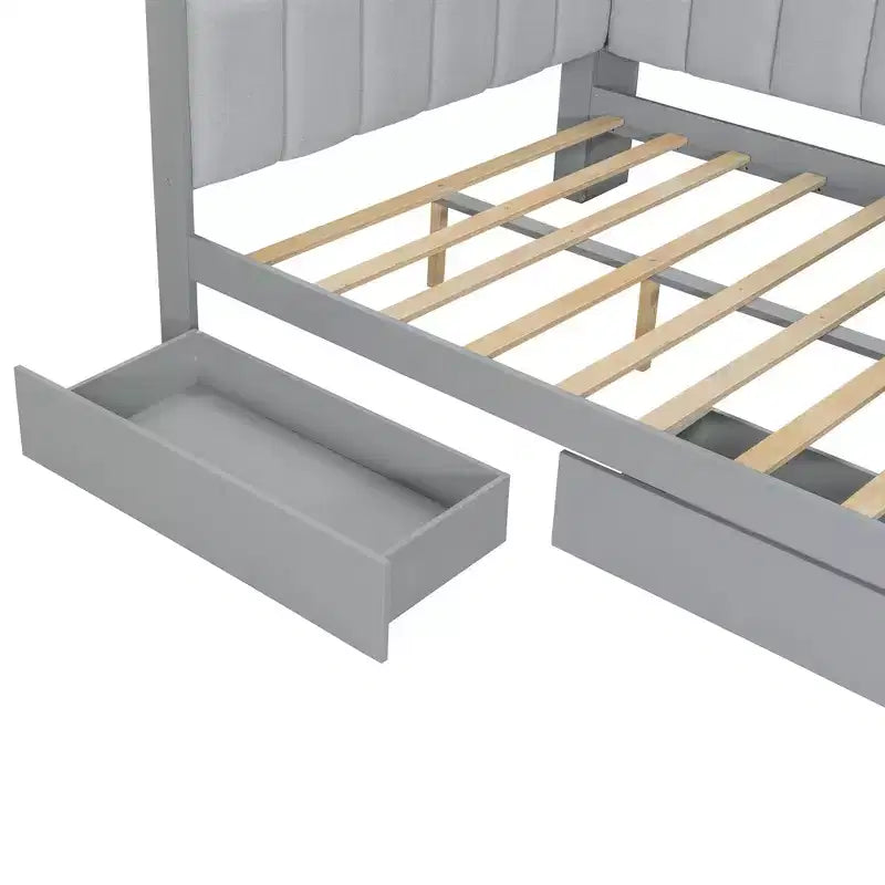 Full Size Daybed with Storage Shelves, Drawers, Charging Station, LED Light, Desk and Upholstered Headboard