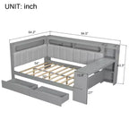 Full Size Daybed with Storage Shelves, Drawers, Charging Station, LED Light, Desk and Upholstered Headboard
