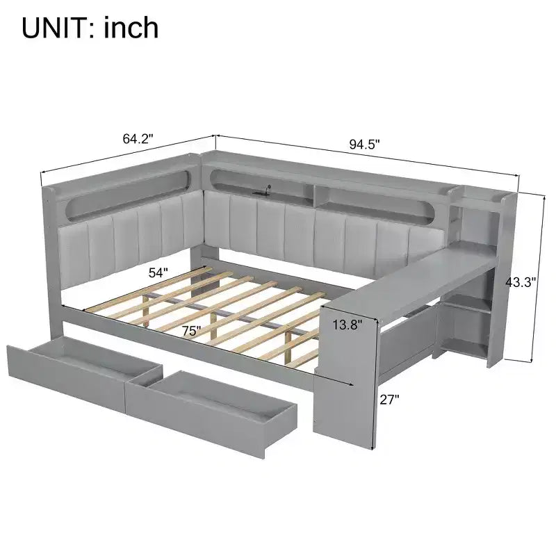 Full Size Daybed with Storage Shelves, Drawers, Charging Station, LED Light, Desk and Upholstered Headboard