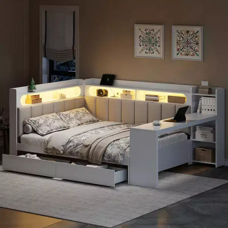 Full Size Daybed with Storage Shelves, Drawers, Charging Station, LED Light, Desk and Upholstered Headboard