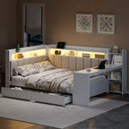 Full Size Daybed with Storage Shelves, Drawers, Charging Station, LED Light, Desk and Upholstered Headboard