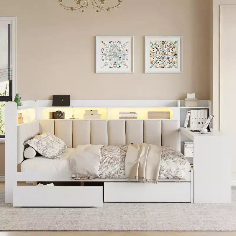 Full Size Daybed with Storage Shelves, Drawers, Charging Station, LED Light, Desk and Upholstered Headboard
