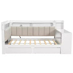 Full Size Daybed with Storage Shelves, Drawers, Charging Station, LED Light, Desk and Upholstered Headboard