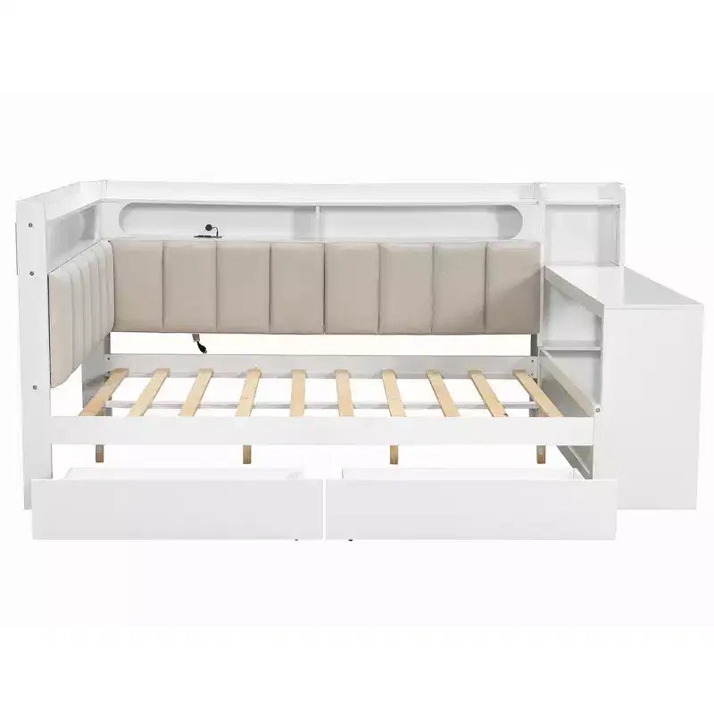 Full Size Daybed with Storage Shelves, Drawers, Charging Station, LED Light, Desk and Upholstered Headboard