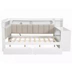 Full Size Daybed with Storage Shelves, Drawers, Charging Station, LED Light, Desk and Upholstered Headboard