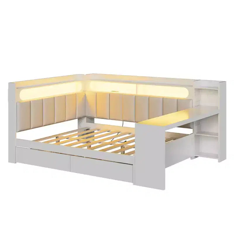 Full Size Daybed with Storage Shelves, Drawers, Charging Station, LED Light, Desk and Upholstered Headboard