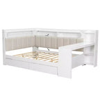 Full Size Daybed with Storage Shelves, Drawers, Charging Station, LED Light, Desk and Upholstered Headboard