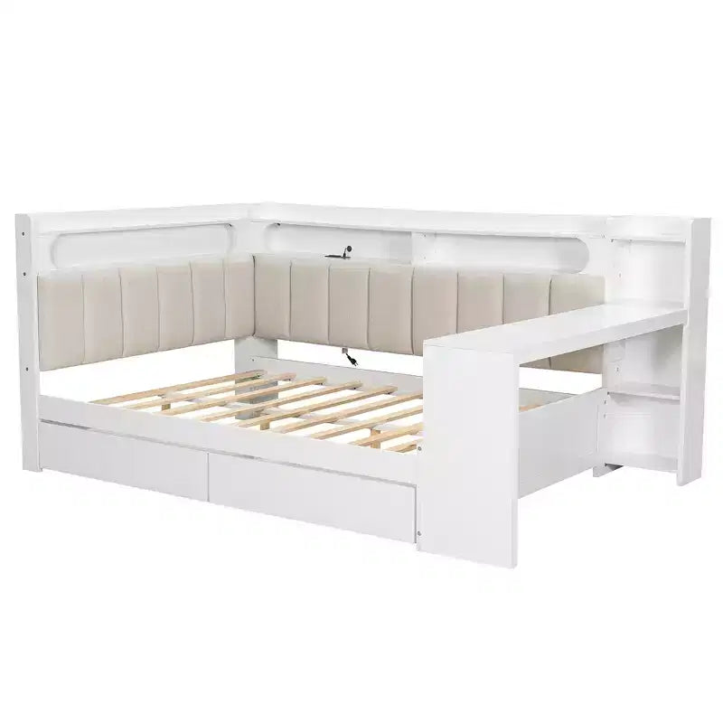 Full Size Daybed with Storage Shelves, Drawers, Charging Station, LED Light, Desk and Upholstered Headboard