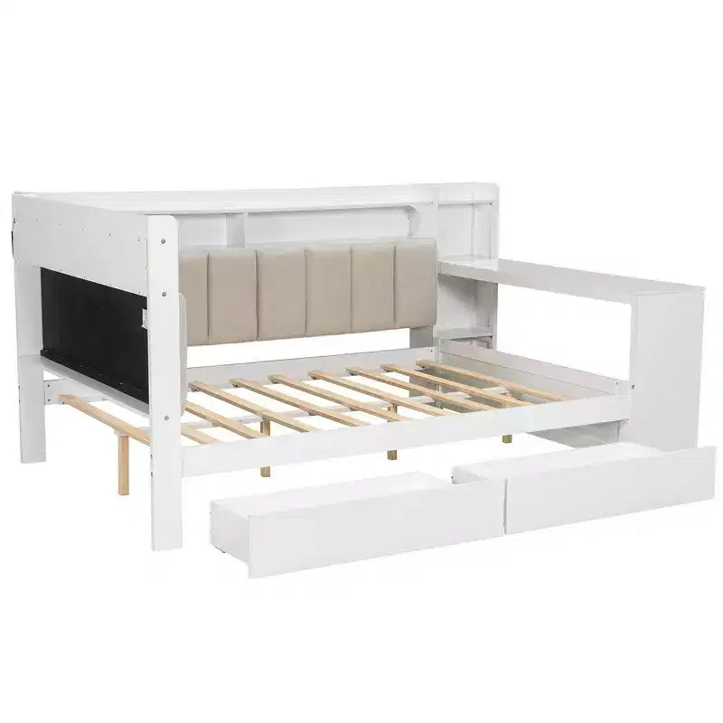 Full Size Daybed with Storage Shelves, Drawers, Charging Station, LED Light, Desk and Upholstered Headboard