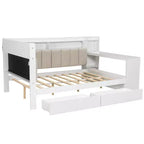 Full Size Daybed with Storage Shelves, Drawers, Charging Station, LED Light, Desk and Upholstered Headboard