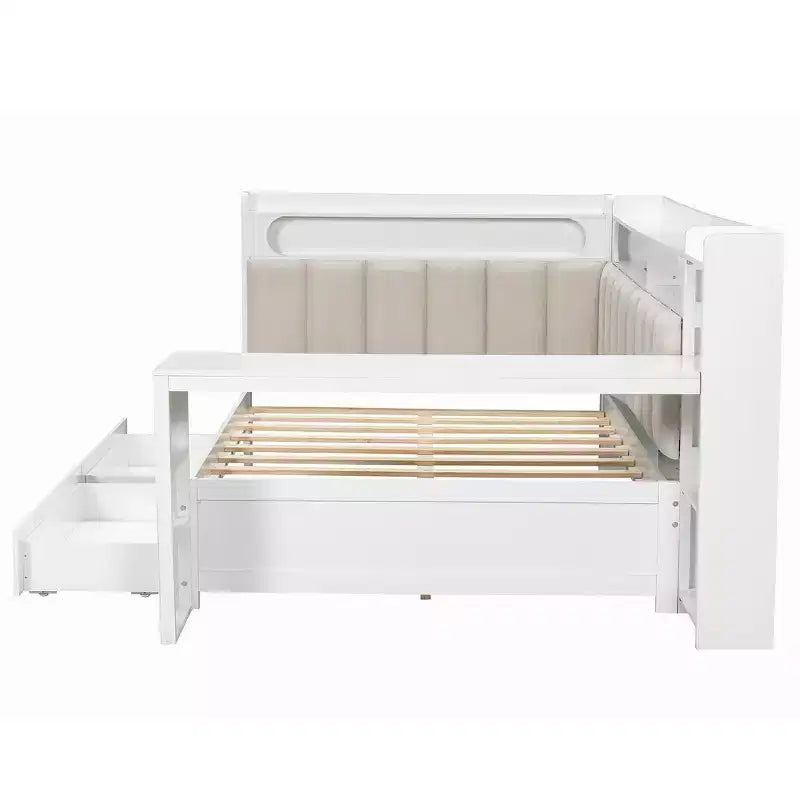 Full Size Daybed with Storage Shelves, Drawers, Charging Station, LED Light, Desk and Upholstered Headboard