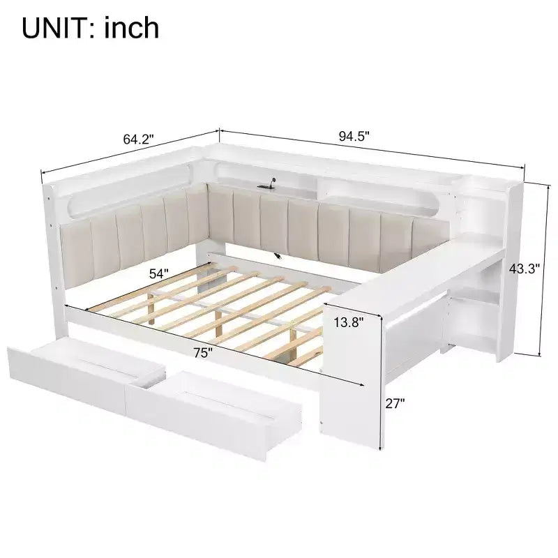 Full Size Daybed with Storage Shelves, Drawers, Charging Station, LED Light, Desk and Upholstered Headboard