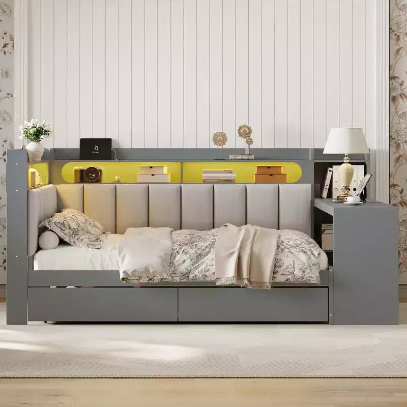Full Size Daybed with Storage Shelves, Drawers, Charging Station, LED Light, Desk and Upholstered Headboard