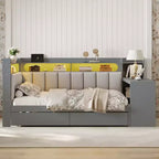 Full Size Daybed with Storage Shelves, Drawers, Charging Station, LED Light, Desk and Upholstered Headboard
