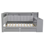 Full Size Daybed with Storage Shelves, Drawers, Charging Station, LED Light, Desk and Upholstered Headboard