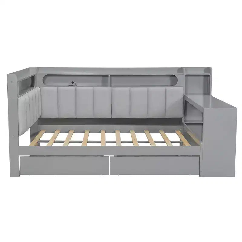 Full Size Daybed with Storage Shelves, Drawers, Charging Station, LED Light, Desk and Upholstered Headboard