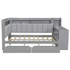 Full Size Daybed with Storage Shelves, Drawers, Charging Station, LED Light, Desk and Upholstered Headboard