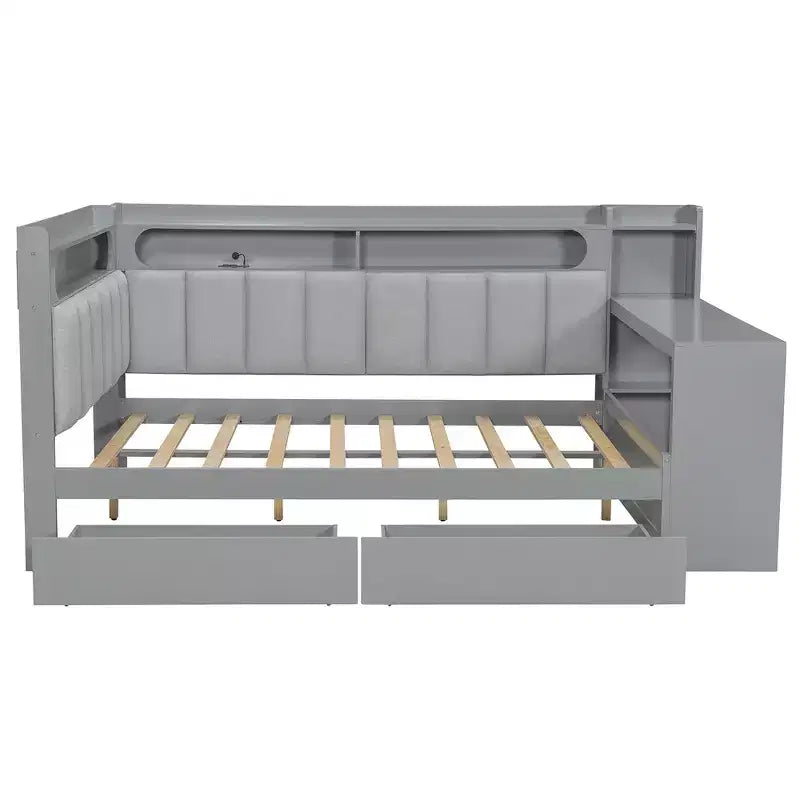 Full Size Daybed with Storage Shelves, Drawers, Charging Station, LED Light, Desk and Upholstered Headboard