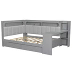 Full Size Daybed with Storage Shelves, Drawers, Charging Station, LED Light, Desk and Upholstered Headboard