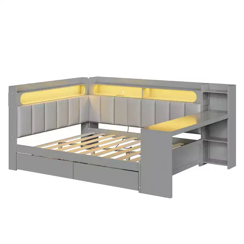 Full Size Daybed with Storage Shelves, Drawers, Charging Station, LED Light, Desk and Upholstered Headboard