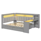 Full Size Daybed with Storage Shelves, Drawers, Charging Station, LED Light, Desk and Upholstered Headboard