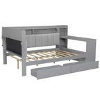 Full Size Daybed with Storage Shelves, Drawers, Charging Station, LED Light, Desk and Upholstered Headboard