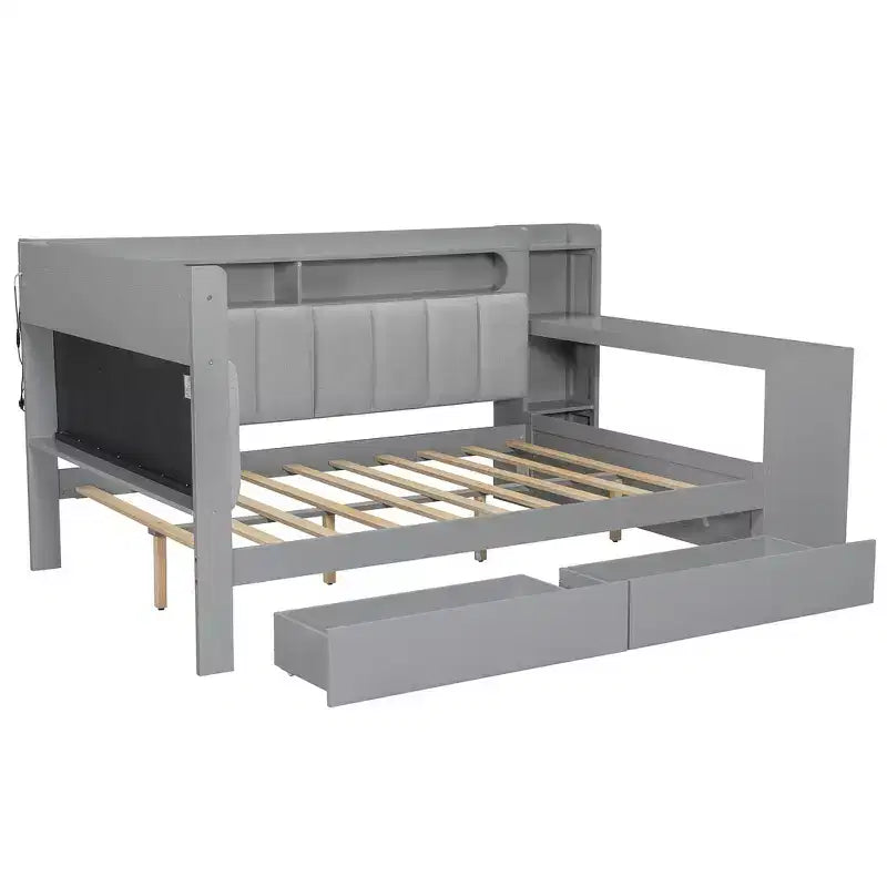 Full Size Daybed with Storage Shelves, Drawers, Charging Station, LED Light, Desk and Upholstered Headboard