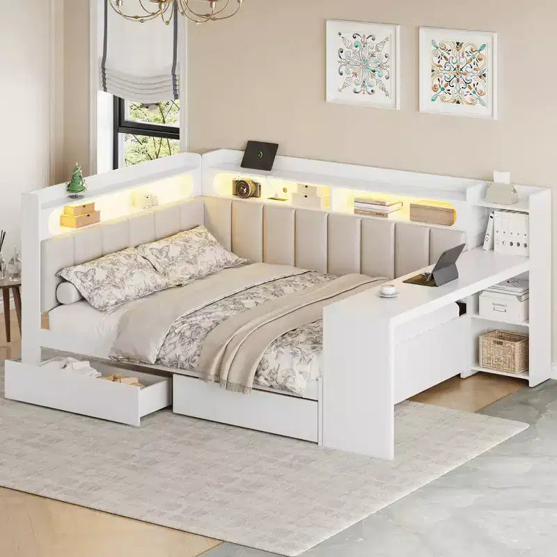 Full Size Daybed with Storage Shelves, Drawers, Charging Station, LED Light, Desk and Upholstered Headboard