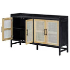 Sideboard Buffet Cabinet with Rattan Doors - 60"W, Black and Natural, Dining or Living Room