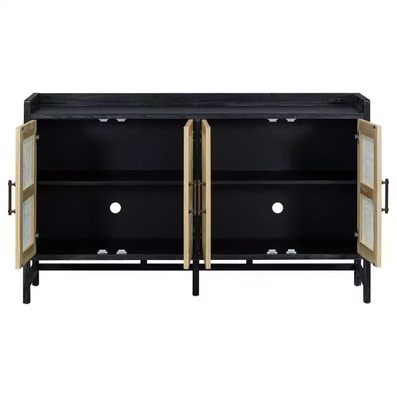 Sideboard Buffet Cabinet with Rattan Doors - 60"W, Black and Natural, Dining or Living Room