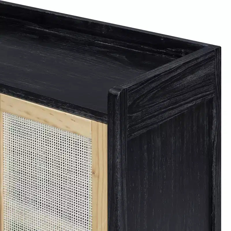Sideboard Buffet Cabinet with Rattan Doors - 60"W, Black and Natural, Dining or Living Room