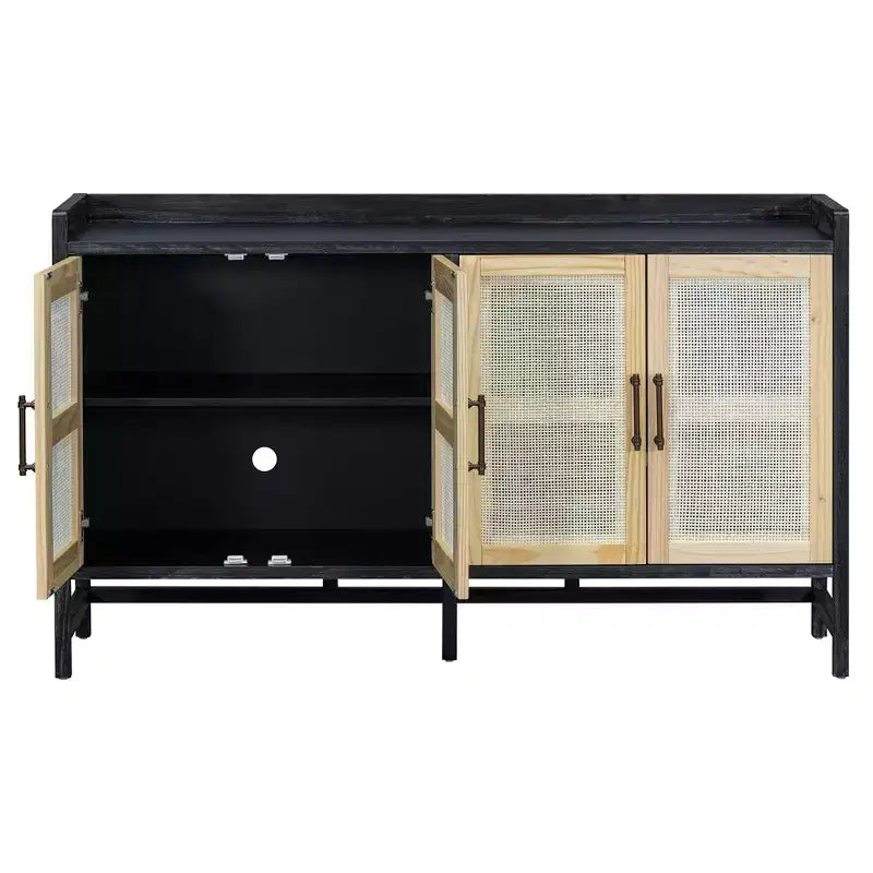 Sideboard Buffet Cabinet with Rattan Doors - 60"W, Black and Natural, Dining or Living Room