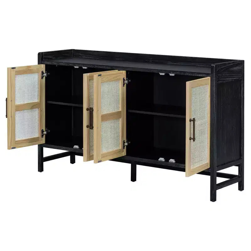 Sideboard Buffet Cabinet with Rattan Doors - 60"W, Black and Natural, Dining or Living Room