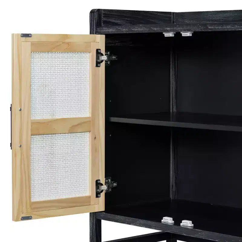 Sideboard Buffet Cabinet with Rattan Doors - 60"W, Black and Natural, Dining or Living Room
