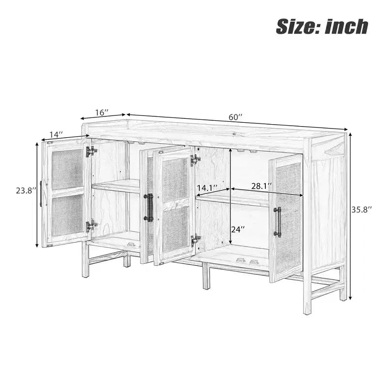 Sideboard Buffet Cabinet with Rattan Doors - 60"W, Black and Natural, Dining or Living Room