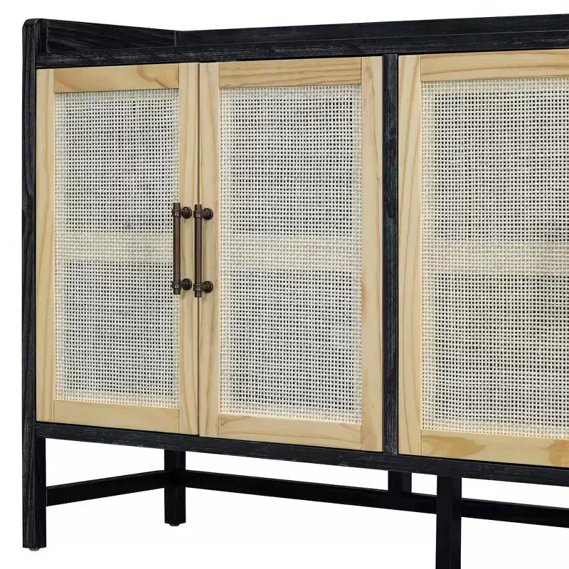 Sideboard Buffet Cabinet with Rattan Doors - 60"W, Black and Natural, Dining or Living Room