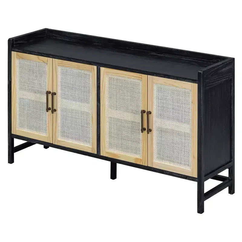 Sideboard Buffet Cabinet with Rattan Doors - 60"W, Black and Natural, Dining or Living Room